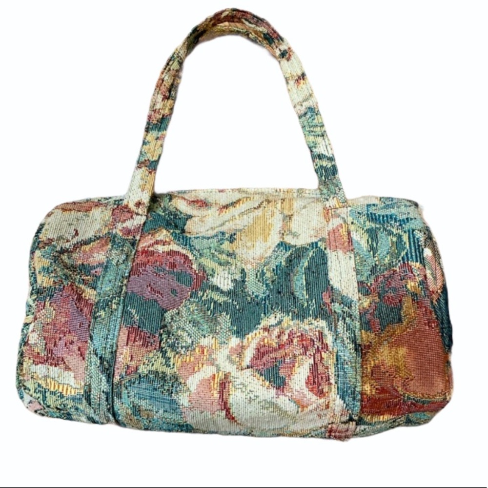 Vintage handmade floral embroidered small duffle bag